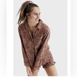 Aerie Womens Button Down Shirt Long Sleeve Leopard Print XXS - PJ Top